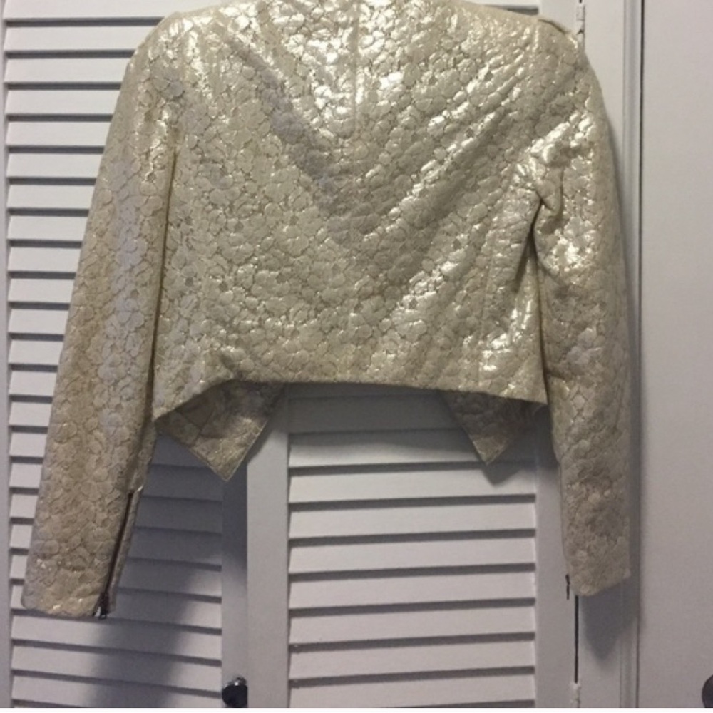 Alice and Olivia Champagne Lace Pattern Cropped Moto Jacket Blazer Size XS